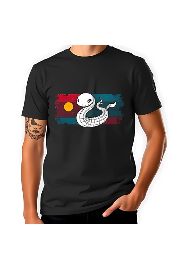 Whimsical Cartoon Serpent Graphic Cotton Short Sleeve T-Shirt with Checkered Pattern and Colorful Stripes