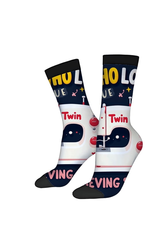Whimsical Cartoon Sewing Machine Socks - 2 Pairs of Colorful Unisex Trendy Socks with ' HOLO LOVE ' Design