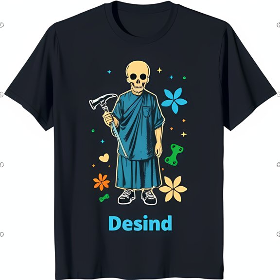 Whimsical Cartoon Skeleton in Robe with Hammer T-Shirt Blue with Colorful Flowers & Stars 'Desind' Design