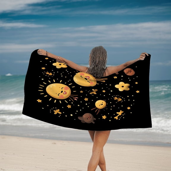 Whimsical Cartoon Sun & Happy Faces Beach Towel - Cheerful Floral & Star Pattern for Pool Travel & Bath - Fun & Playful Design