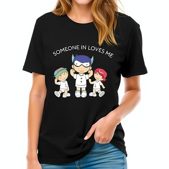 Whimsical Cartoon T-Shirt with Horned & Childlike Figures - " Someone in Loves Me " - Soft Cotton Short Sleeve Tee
