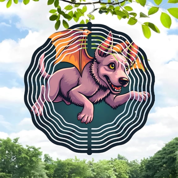 Whimsical Cartoon Wolf Metal Wind Spinner with Vibrant Orange Wings - Dynamic Concentric Circle Design for Yard & Garden Decor