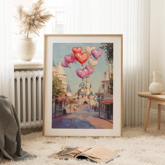 Whimsical Castle Art Poster, Romantic Fantasy Fairytale, Wall Art, Nursery Girls Room Home Decor, Heart Balloons Gift Art, 8x12 UNFRAMED