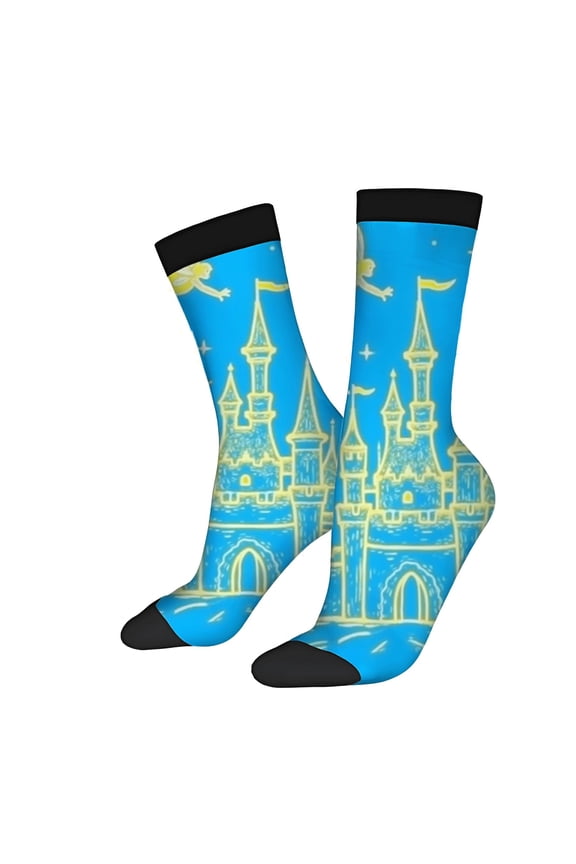 Whimsical Castle Design Socks - 2 Pairs of Vibrant Blue Unisex Trendy Socks with Black Toe Caps & Cuffs
