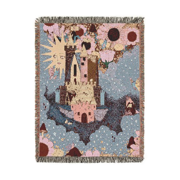 Whimsical Castle, Flowers and Starry Clouds in Lavender and Pink Woven Blanket, 100% Cotton, Fantasy Style
