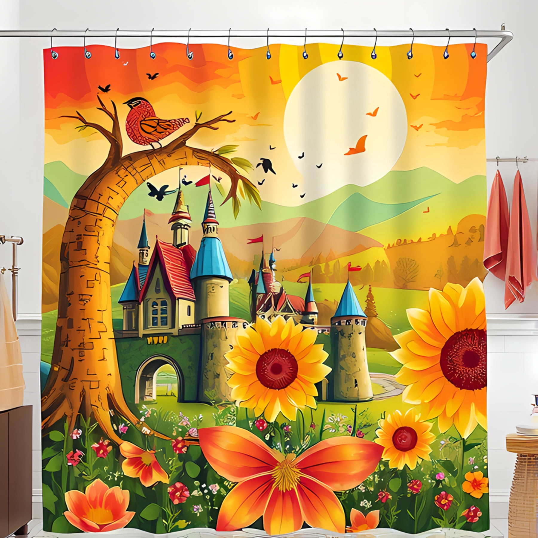 Whimsical Castle Shower Curtain - Vibrant Fantasy Design with Greenery