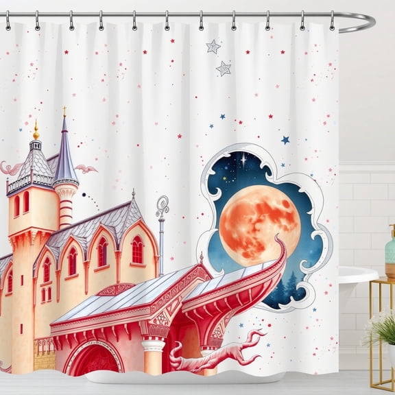 Whimsical Castle Shower Curtain with Red Roof & Moon, Stars Design