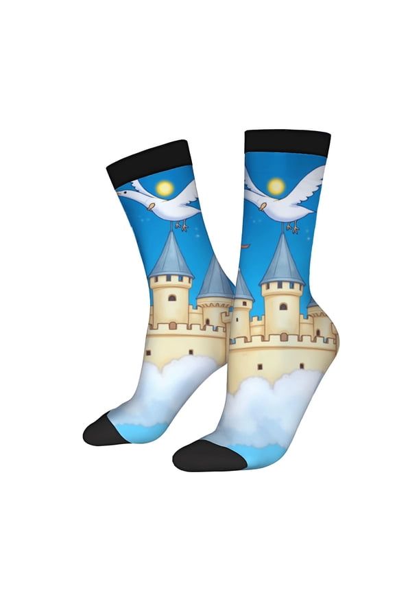 Whimsical Castle & Sky Design Socks - 2 Pairs of Unisex Trendy Socks with Stars Moon and Flying Bird - Perfect for All Seasons