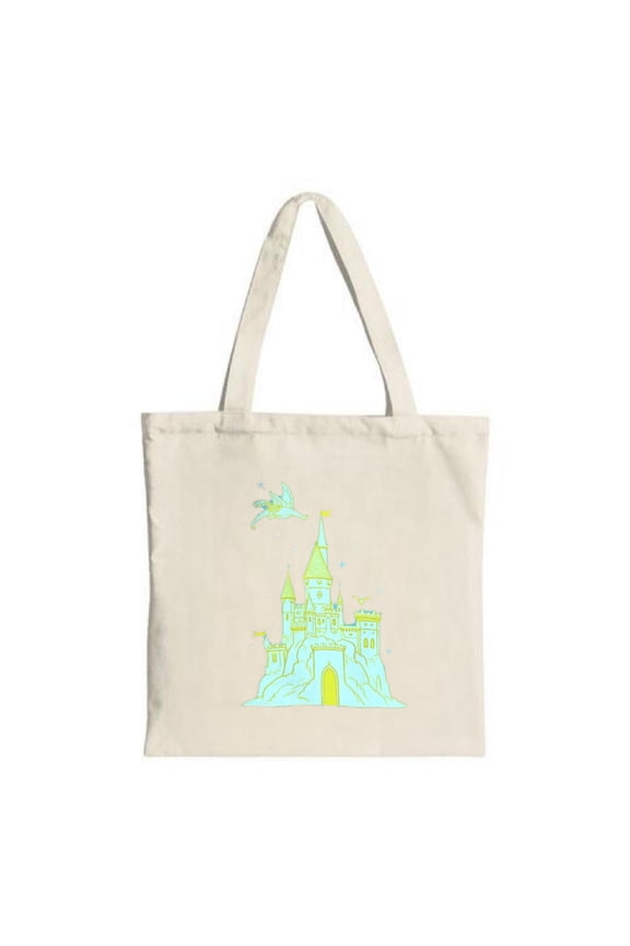 Whimsical Castle Tote Bag - Light Background Green & Yellow Fantasy Design with Flying Creature & Birds Perfect for Shopping & Travel
