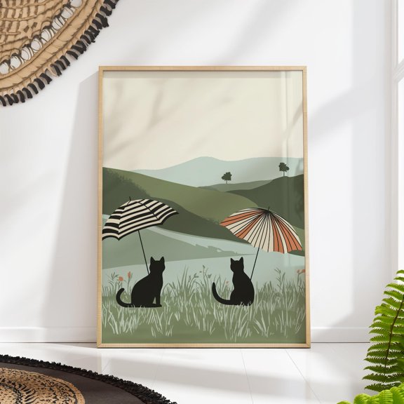 Whimsical Cat Art Cozy Cats with Umbrellas Wall Decoration, Stretched Canvas 8x10in