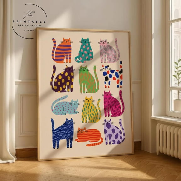 Whimsical Cat Art Print, Abstract Cat Wall Art, Modern Pop Art Cats Print, Whimsical Animal Poster, Colorful Cat Wall Art 8x12 UNFRAMED