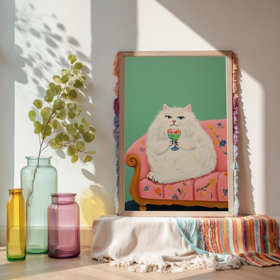 Whimsical Cat Art Print Dessert Loving Kitty On Pink Couch Nursery Decor, Unframed Poster
