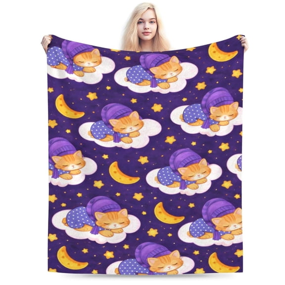 Whimsical Cat Art Throw Blanket, Dreamy Night Sky Illustration Pattern, Soft Lightweight Blanket for Couch Sofa Bed Home Decor 50x40