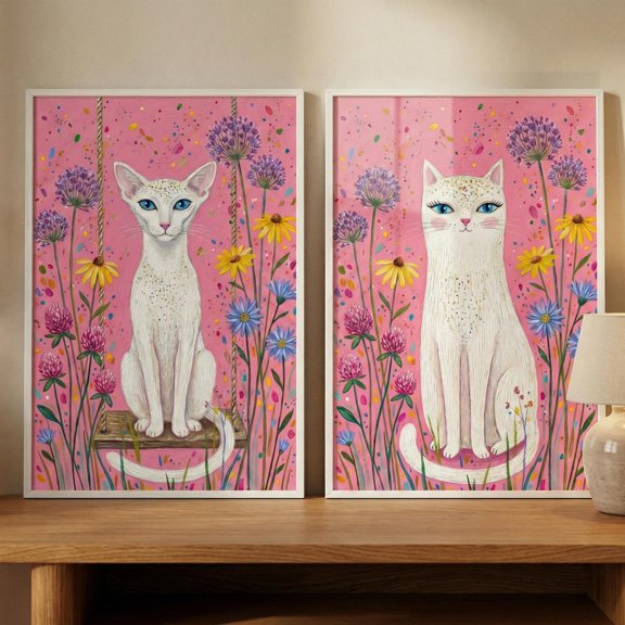 Whimsical Cat Art White Kitten Pink Nursery Decor Colorful Flower Garden Set 2 Unframed Paper Print 8x12