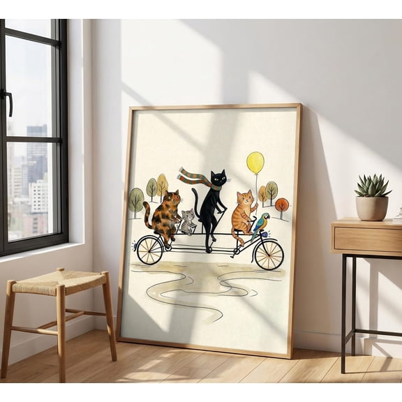 Whimsical Cat Bike Parade Tandem Bicycle Nursery Poster Unframed Paper Print