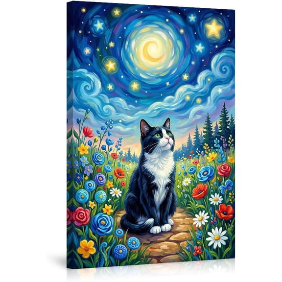 Whimsical Cat Canvas Wall Art with Vibrant Flowers & Swirling Starry Night Sky Black Tuxedo Cat Picture for Living Room Bedroom Home Decor Aesthetic Art Print