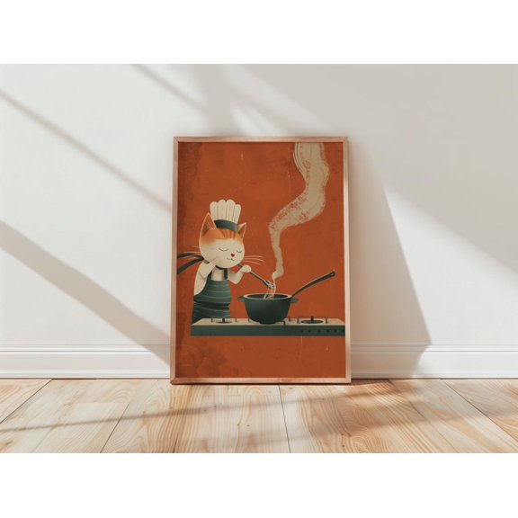 Whimsical Cat Chef Kitchen Orange Cooking Decor, Unframed Poster