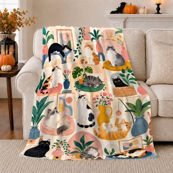 Whimsical Cat Collage, Cozy Pet Portrait Pattern, Warm Flannel Blanket for Living Room and Bedroom with Detailed Artwork, Cat Lovers Just Because Gift, Pet Lover Home Decor