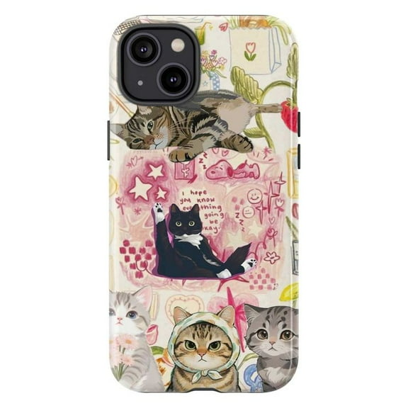 Whimsical Cat Collage Phone Case, Motivational Pink Doodle Art Protective Cover for iPhone 17 16 15 14 13 12 11 Pro Plus Mini