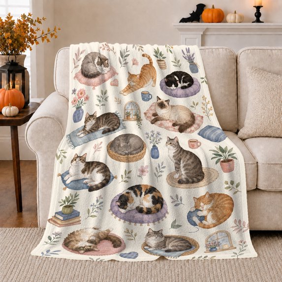 Whimsical Cat Cottage Watercolor Art, Peaceful Pet Portrait Pattern, Warm Flannel Blanket for Living Room and Bedroom, Cat Lovers Just Because Gift, Pet Lover Home Decor