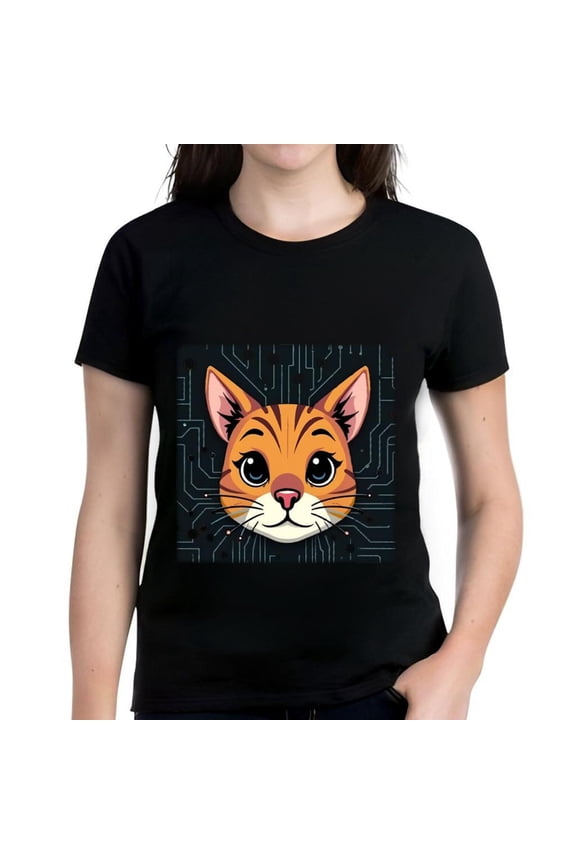 Whimsical Cat Face Cotton Short Sleeve T-Shirt for Women - Playful Tech-Inspired Design with Board Pattern