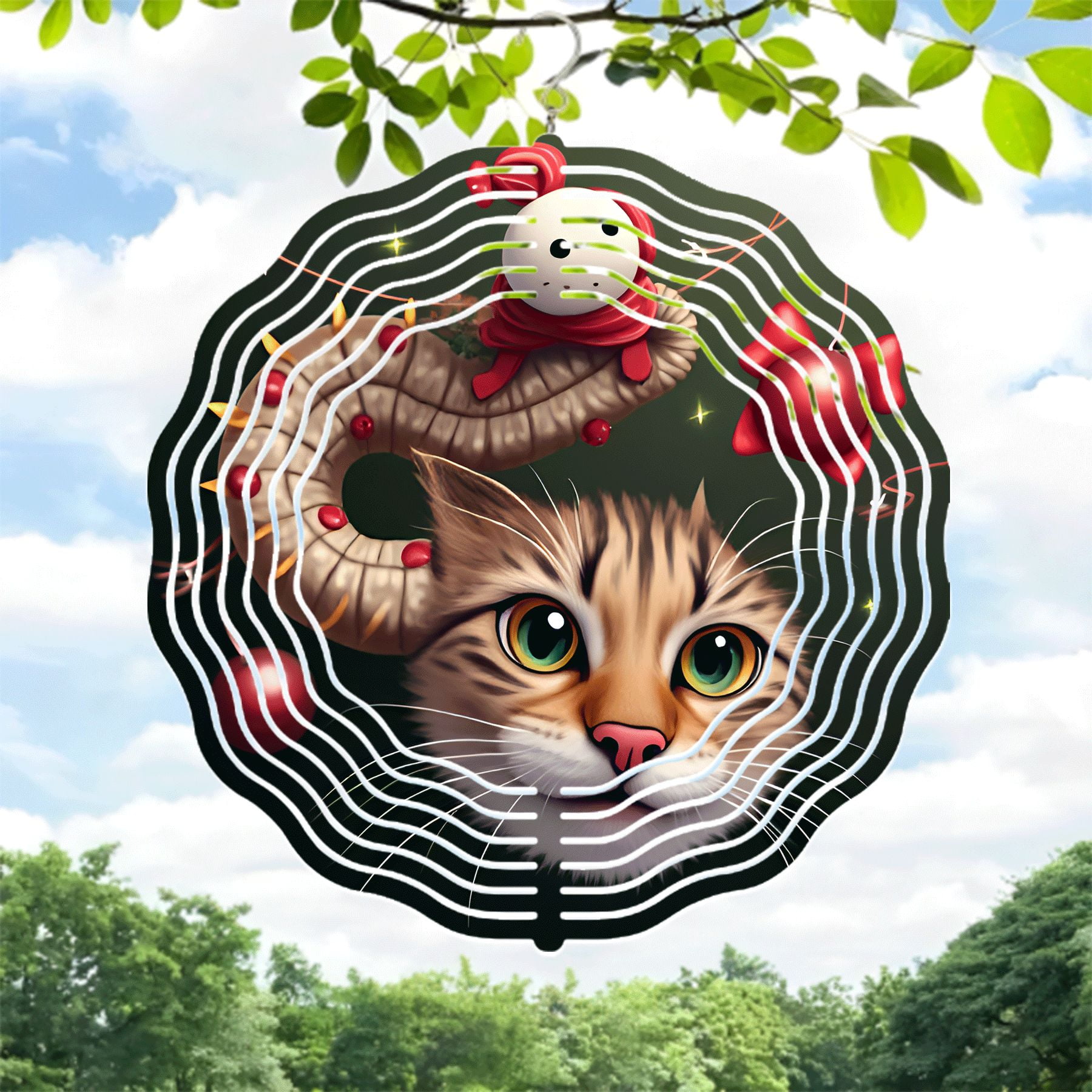 Whimsical Cat Face Metal Hanging Wind Spinner - Circular Pattern with ...