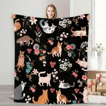 Whimsical Cat & Floral Print Flannel Throw Blanket - Ultra-Soft, Warm, and Cozy for Snuggling Up on Couch or Bed, Perfect Home Decor Accent with Vibrant Colors and Plush Texture, Red
