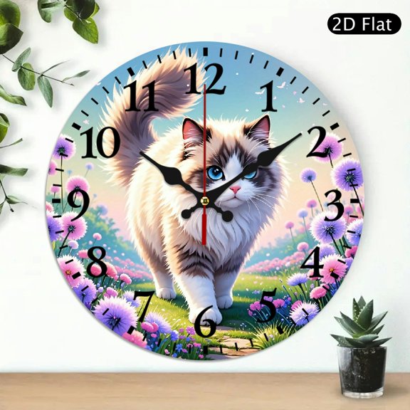 Whimsical Cat Garden Scene Digital Wall Clock Round 10x10 Inch 1pc Battery Not Included