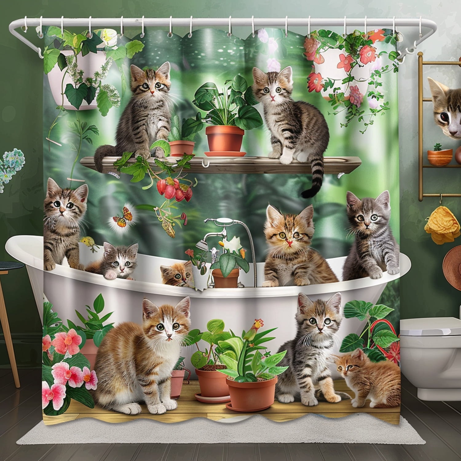 Whimsical Cat Garden Shower Curtain Playful Felines Among Flowers and