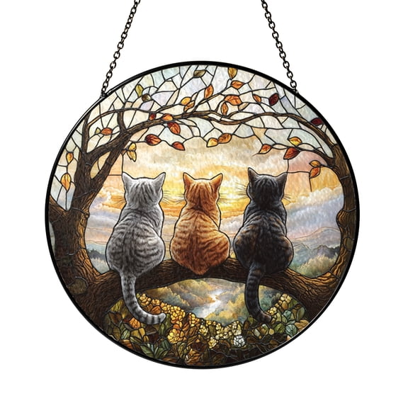 Whimsical Cat Glass Window Decor Featuring Three Cats on Branch Scene, Decorative Hanging Light Catcher Art for Cozy Interior Styling