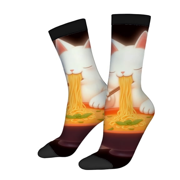 Whimsical Cat & Noodles Design Socks - 2 Pairs of Trendy Unisex Socks with Playful Japanese Cuisine Theme