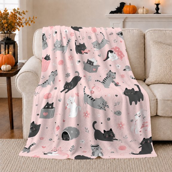 Whimsical Cat Pattern Yarn Balls Hearts, Playful Pet Portrait Pattern, Warm Flannel Blanket for Living Room and Bedroom, Cat Lovers Just Because Gift, Pet Lover Home Decor