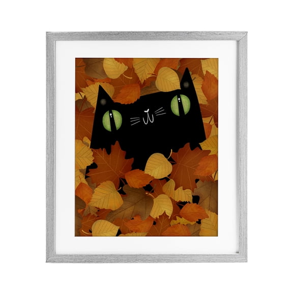 Stupell Industries Whimsical Cat Peeking Fall Leaves Gray Framed Print Under Glass, design by Gabriela Avila, 16 x 13