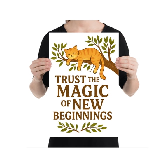 Whimsical Cat Poster, Cute Home Decor for New Beginnings, Inspirational Wall Art