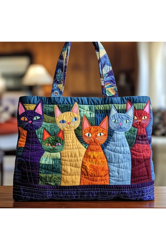 Whimsical Cat Quilted Tote Bag, Cat Print Shoulder Carryall, Daily Shoulder Bag, Gift for Cat Lovers