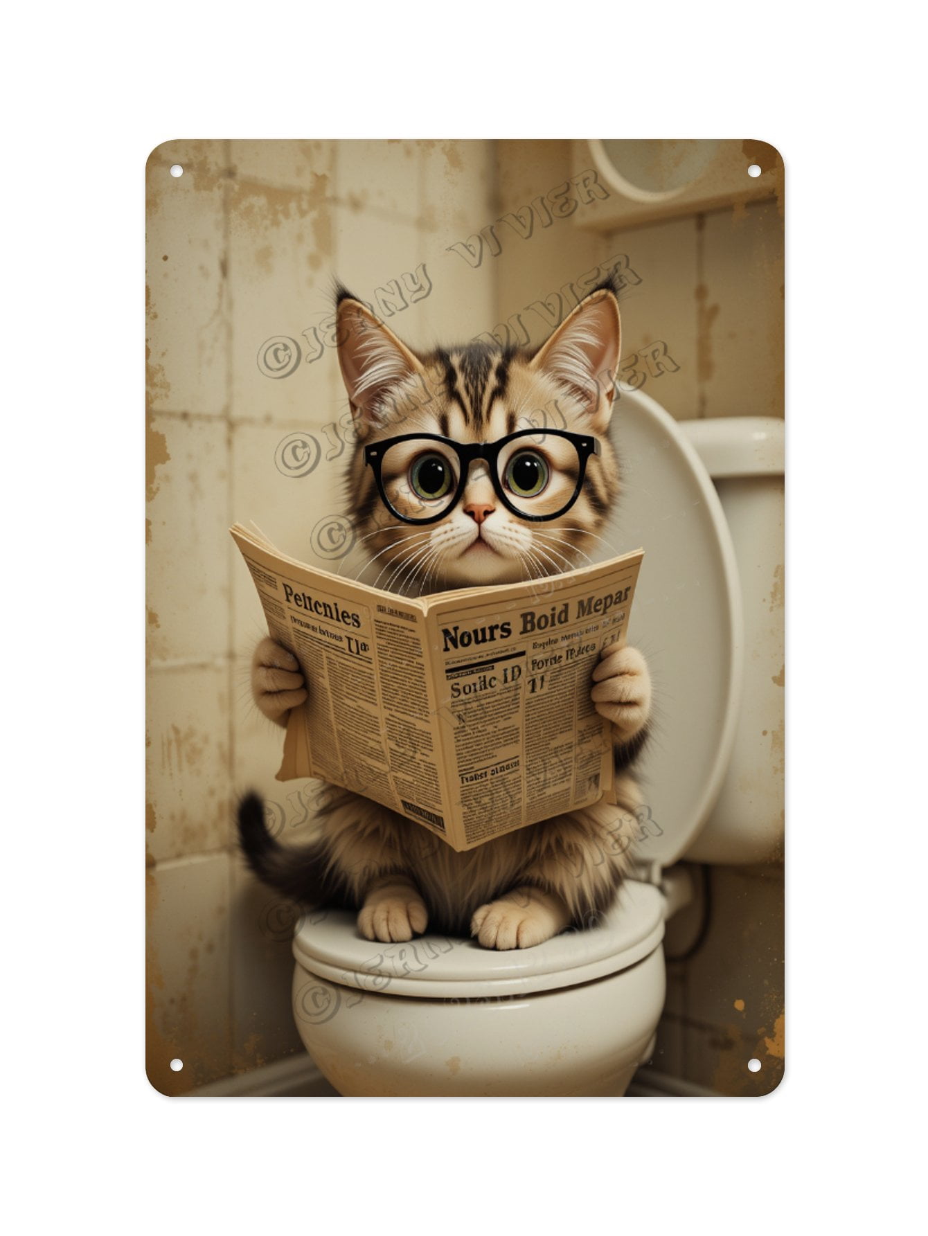 Whimsical Cat Reading Newspaper on the Toilet Aluminum Metal Sign 8 x ...