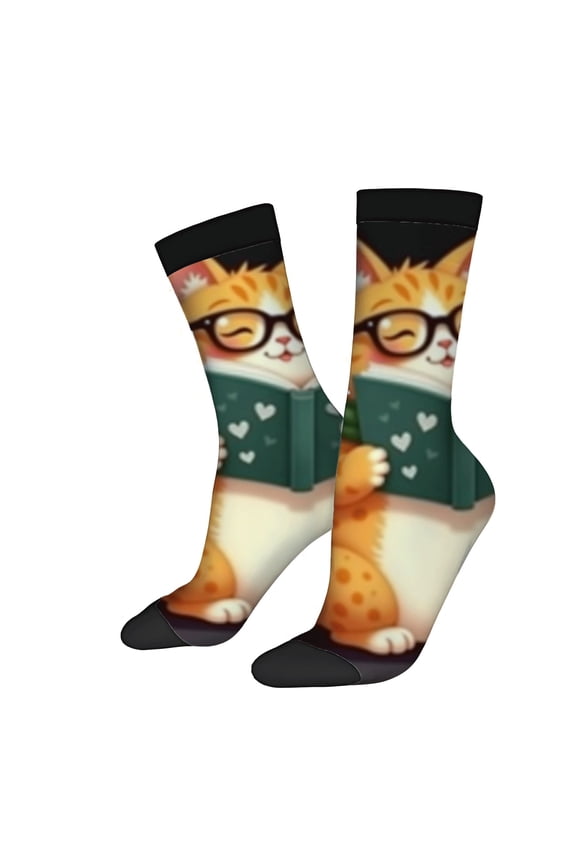 Whimsical Cat Reading Socks - 2 Pairs of Trendy Unisex Socks with Playful Design Perfect for All Seasons
