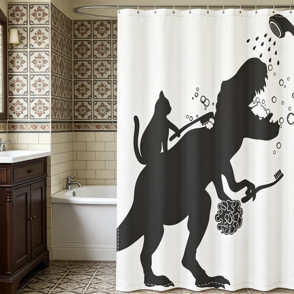 Whimsical Cat Riding T-Rex Bathing Shower Curtain, Funny Christmas Bathroom Decor for Dinosaur Cat Lovers