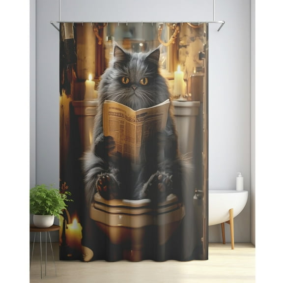 [Whimsical Cat, Shower Curtain] Cute Cartoon Cat Shower Curtain - Whimsical cat reading newspaper on toilet, HD digital print, ultra-realistic style, including hooks, washable polyester fabric