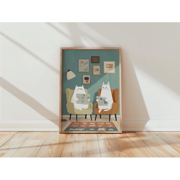 Whimsical Cat Teal Vintage Cozy Living Room Graphic Poster Unframed Paper Print
