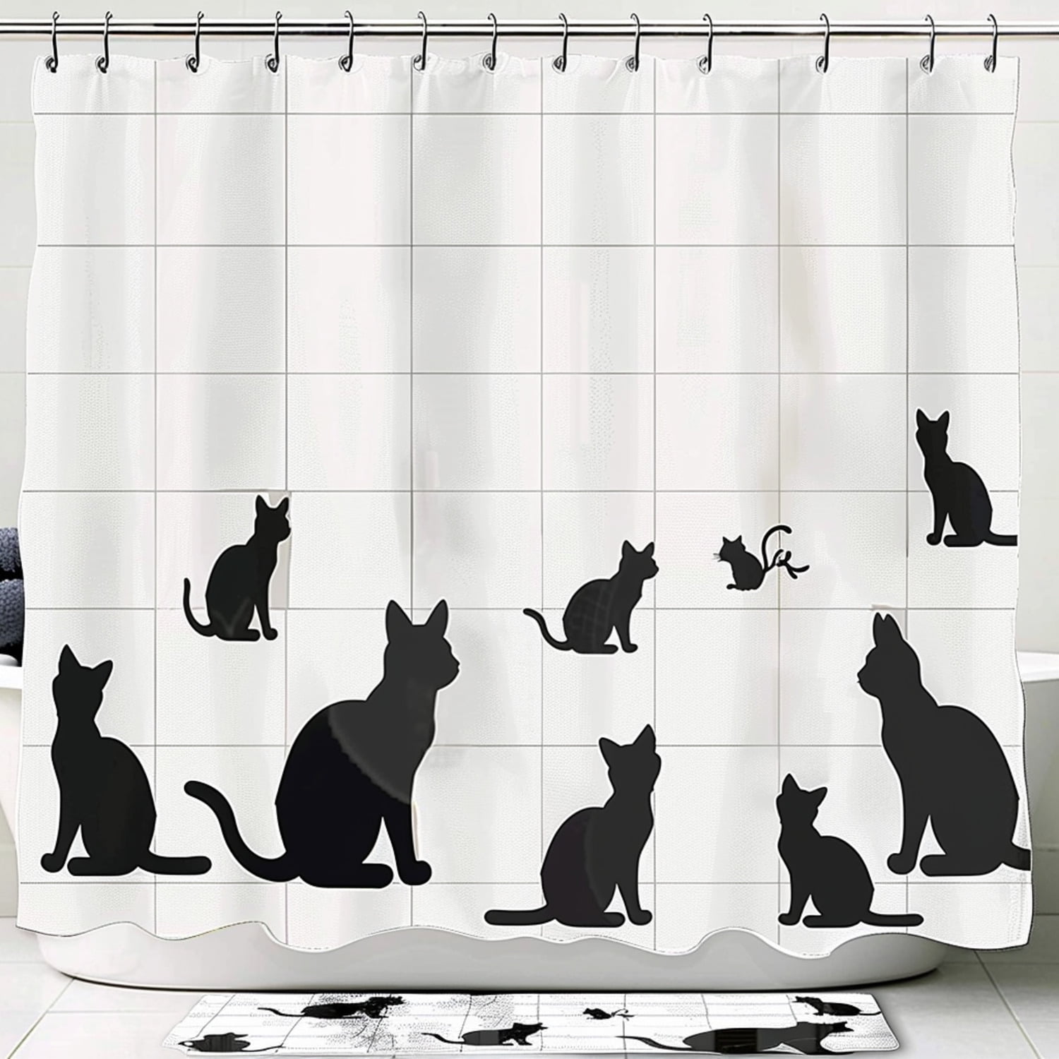 Whimsical Cat-Themed Bathroom Set: Shower Curtain Tiles Adorable Feline ...