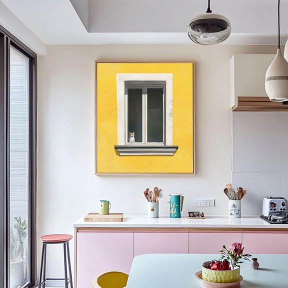 Whimsical Cat Window Yellow Decor Poster Unframed Paper Print