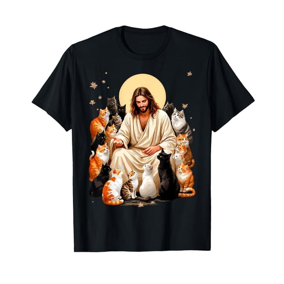Whimsical Cat and Jesus Christ Graphic T-Shirt for Faithful Kitty Lovers