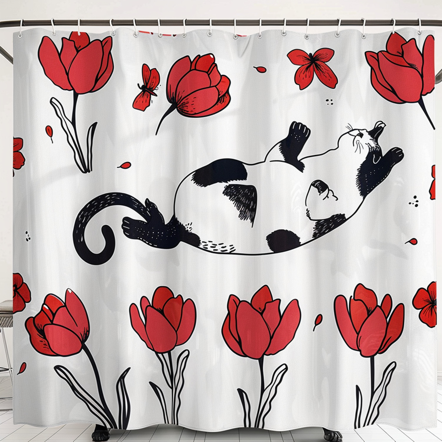 Whimsical Cat and Tulips Cartoon Shower Curtain Red and Black