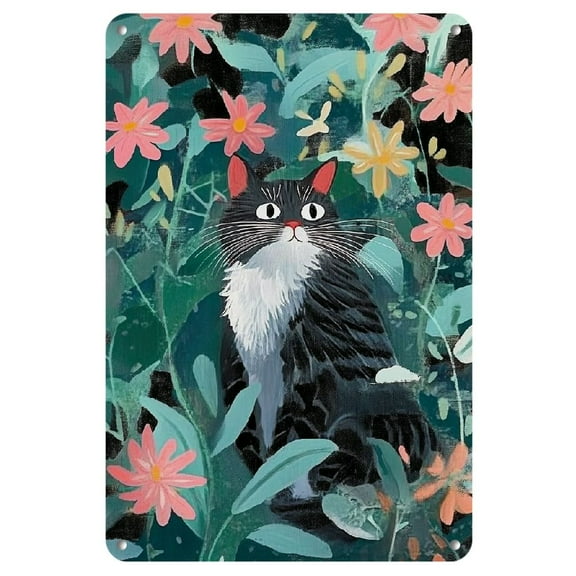 Whimsical Cat in Garden Iron Wall Art - 8x12 Inch Unframed Decorative Metal Sign for Home Decor, Perfect for Room Decor