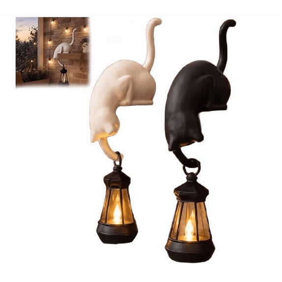 Whimsical Cat with Lantern Shelf Decor, Retro Resin Cat Figurine LED Night Light, Bookshelf Edge Decor for Indoor, Porch & Patio,All