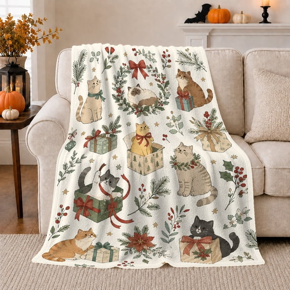 Whimsical Cats Boxes, Festive Pet Portrait Pattern, Warm Flannel Blanket for Living Room and Bedroom with Detailed Artwork, Cat Lovers Just Because Gift, Pet Lover Home Decor