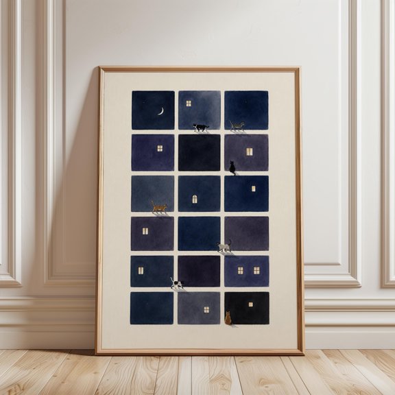 Whimsical Cats On Rooftops Wall Art Dreamy Cityscape Poster Cozy Apartment Decor , Poster Print Only
