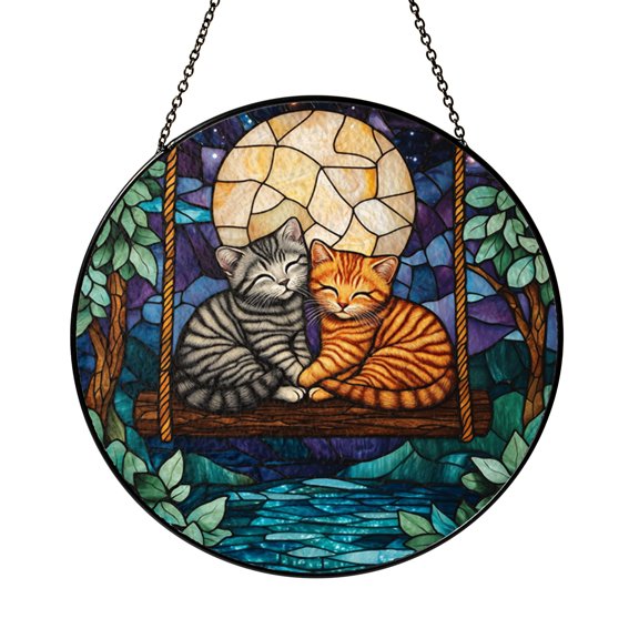 Whimsical Cats Swing Stained Glass Window Suncatcher, Moon Forest Hanging Decor, Dreamy Light Catcher