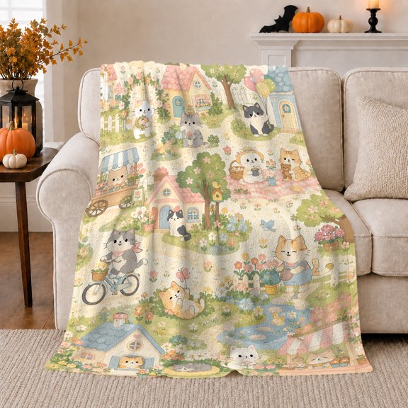 Whimsical Cats Village Scene Floral Park Picnic, Playful Pet Portrait Pattern, Warm Flannel Blanket for Living Room and Bedroom, Cat Lovers Just Because Gift, Pet Lover Home Decor